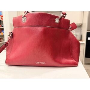Calvin Klein Womens Burgundy Red Faux Leather Convertible Shoulder Bag Satchel